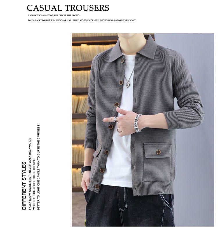 Product Introduction of Spring and Autumn Lapel Knitted Cardigan Men's Coat Trendy Casual Belt Button Solid Color Outerwear Sweater Men's Line Clothes Nam 21