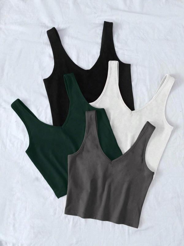 Women's Solid V Neck Crop Tank Top, Summer Clothes for Girls Women, Casual Sleeveless Ribbed Top for Summer, Ladies Clothes for Daily Wear 2