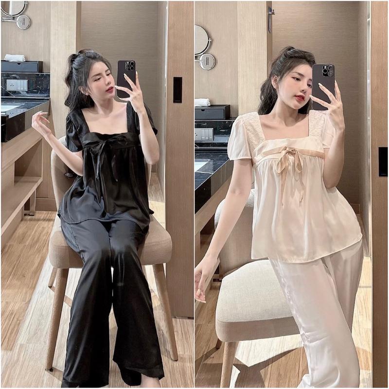 Sét đồ ngủ pijama cổ vuông tay ngắn phối nơ chất lụa latin mềm mịn mát về 5 màu sang xịn (freesize 40-60kg Áo Nữ Đen Kem Nhung Women
