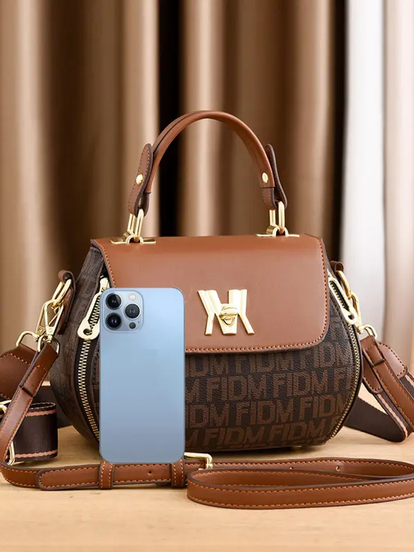 Women's Fashionable Letter Pattern Pu Leather Handbag, Zipper Crossbody Bag, Casual Trendy Versatile Daily Commuting Bag for Women 2