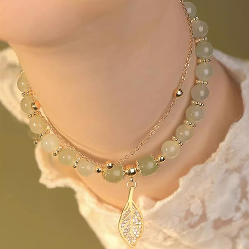 Women Bracelet Faux Jade Smooth Bead Leaf Pendant Double-layered Adjustable Length Rhinestone Lady Bangle Prom Daily Wrist Jewelry 6
