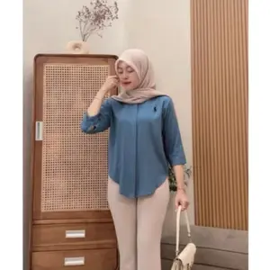Atasan Kemeja Wanita Bordir Polo Bahan Rayon Twill Size L XL XXL Kantor Lengan 7/8