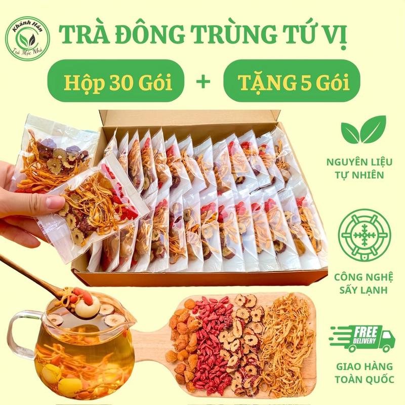 Hộp 30 Gói TẶNG 5 Gói - Trà đông trùng tứ vị thảo mộc ( nấm đông trùng hạ thảo,táo đỏ, kỷ tử, long nhãn)  hàng chọn có mix thêm đường phèn đi kèm – Nước trà tea chè