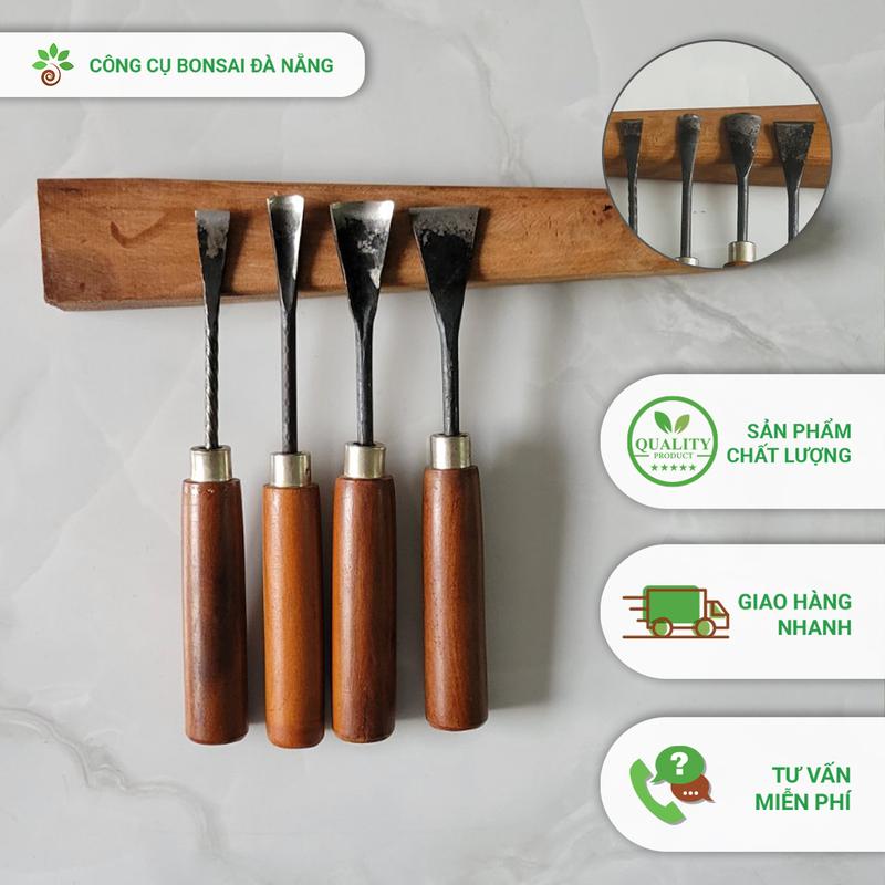 04 mũi đục bonsai chuyên dụng hàng thủ công kèm dùi gõ đục gỗ nghiến [DUC-013.5.7.8&DCK-10] - Công cụ Bonsai Đà Nẵng