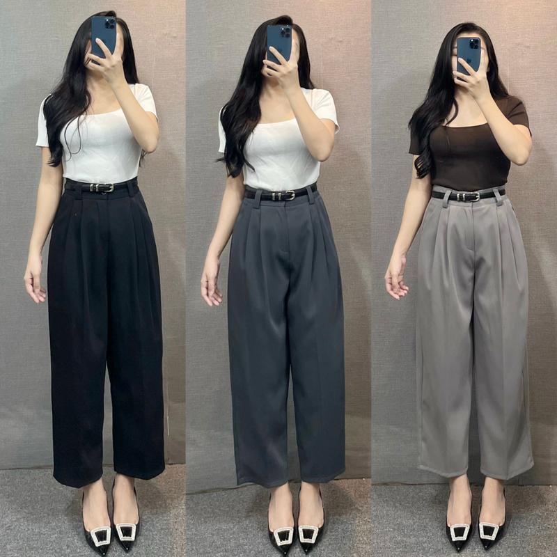 BIGSIZE 85KG Quần Baggy Công Sở Lưng Cạp Cao Dáng Thụng Chất Vải Gold Nhật Cao Cấp Kèm Đai [Hàng Thiết Kế Cao Cấp Chathimy] Nữ Women tây Kem Pants Nhung Lưng Cao ( Q01 )