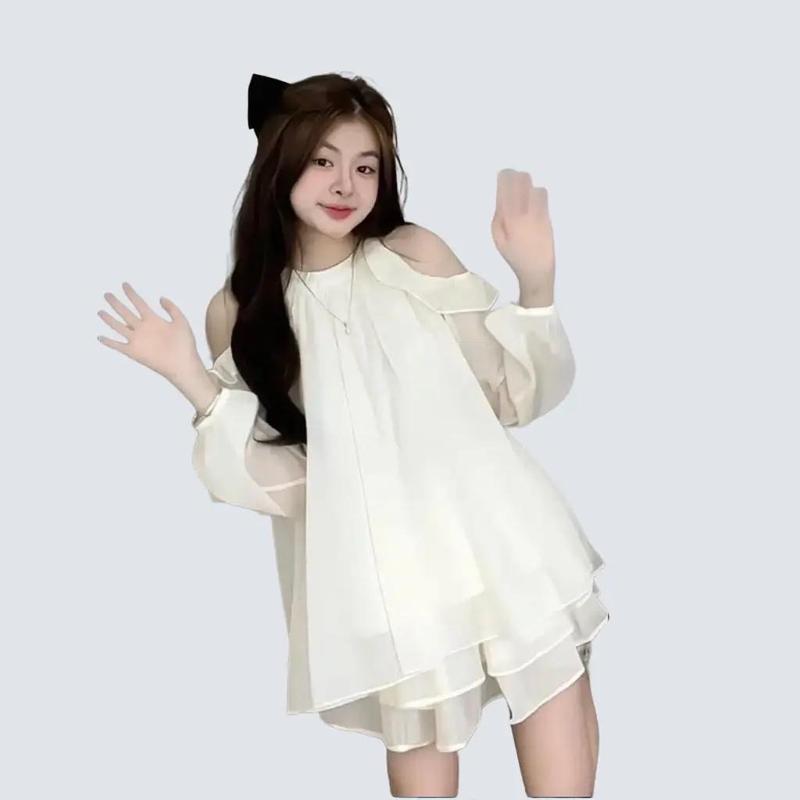 Bộ Đồ Thời Trang Cao Cấp Voan Lụa Cho Nữ Quần Short Áo Yếm Hở Vai Dáng Rộng 2 Lớp - Voi