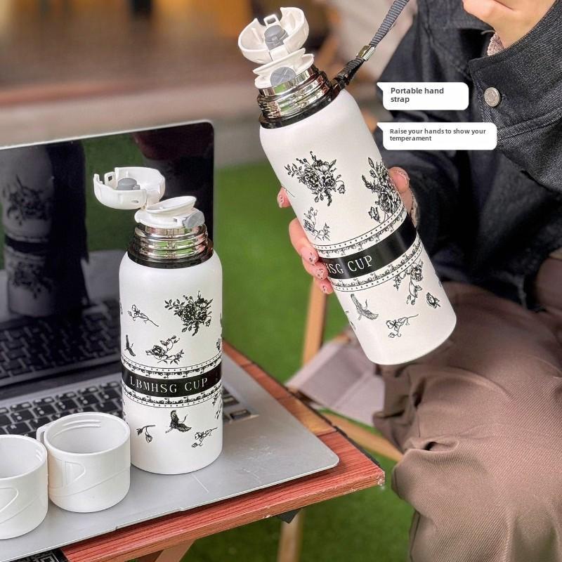 Floral Pattern Vacuum Flask, 1 Count Portable Large Capacity Stainless Steel Insulated Water Bottle, Vacuum Flasks for Outdoor Travel Camping 7