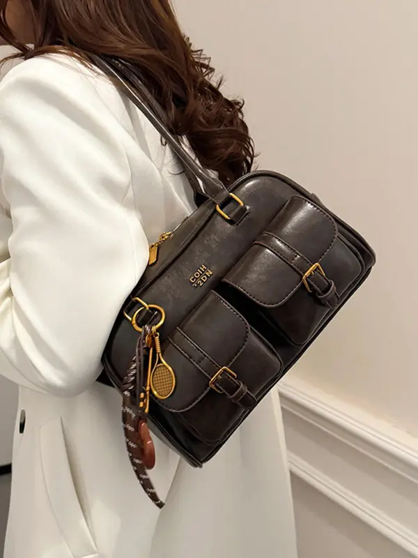 Women's Retro Solid Color PU Leather Shoulder Bag, Large Capacity Crossbody Bag with Detachable Accessory Charm, Casual Trendy Versatile High-quality Daily Commuting Bag 5