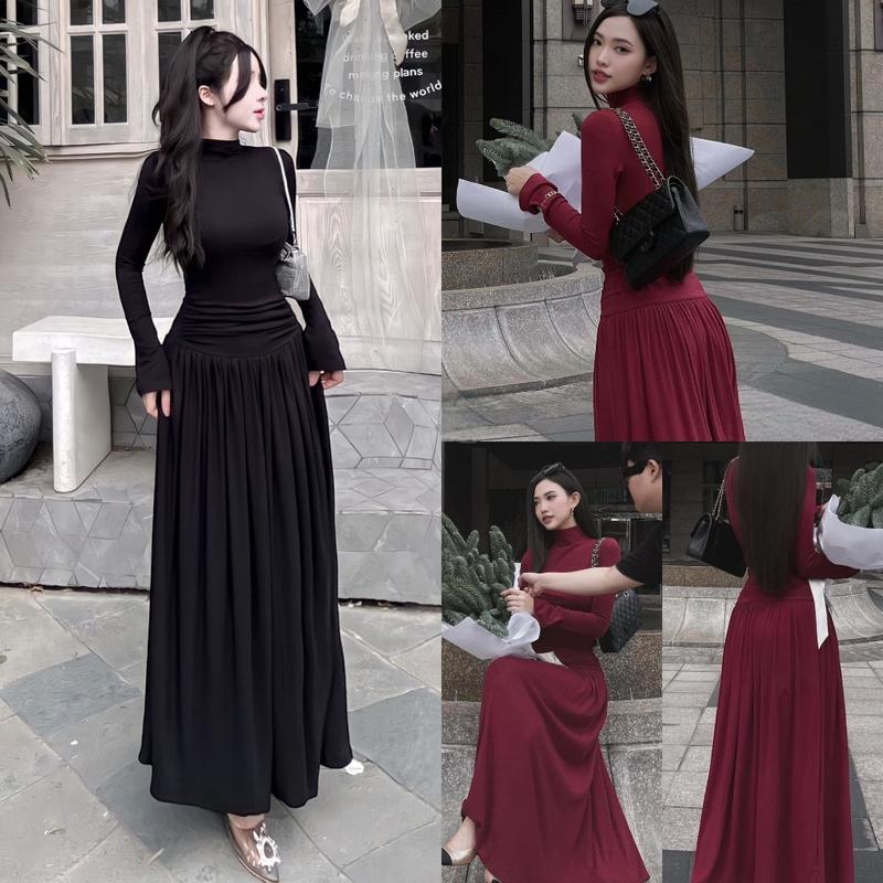 SM - Đầm maxi dáng xòe tay dài cổ cao sang chảnh - thun gân lạnh Váy boby váy body nữ tôn dáng váy xinh váy đi tiệc váy đi biển