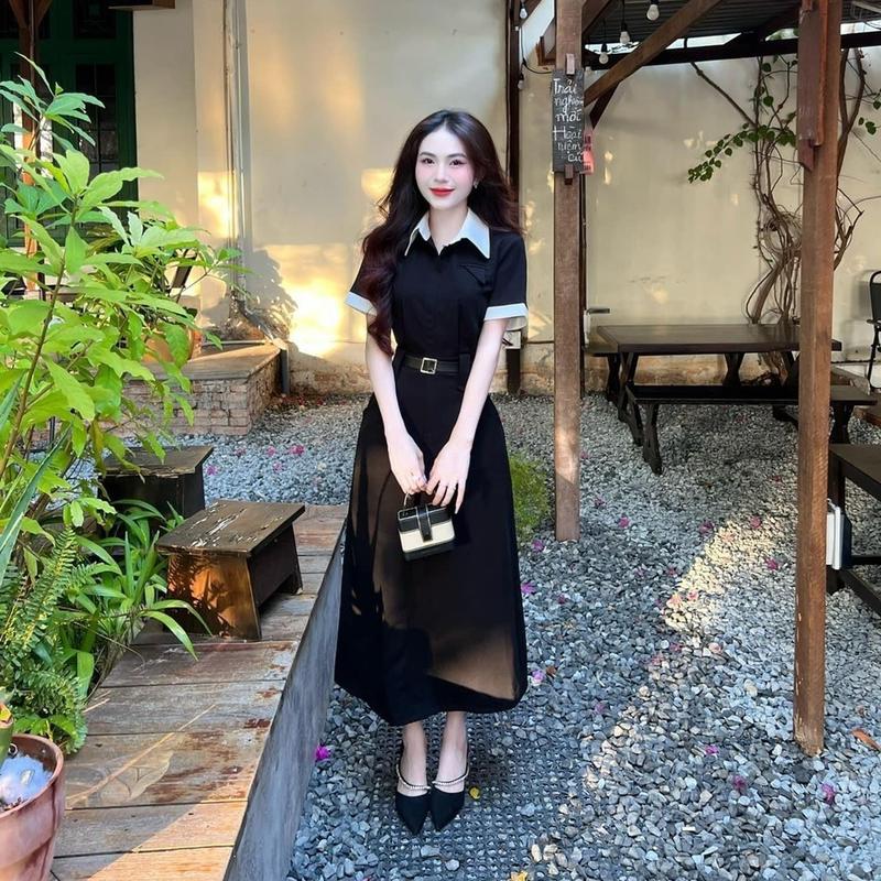 Đầm nữ kaki phối cổ sơ mi dáng dài kèm nịt cho nàng di chơi, di tiệc