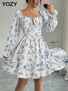 YOZY Women's All Over Floral Print Tie Front Shirred Dress, Boho Fashion Casual Long Sleeve Dress for Daily Holiday Vacation Wear, Ladies Dress for All Seasons