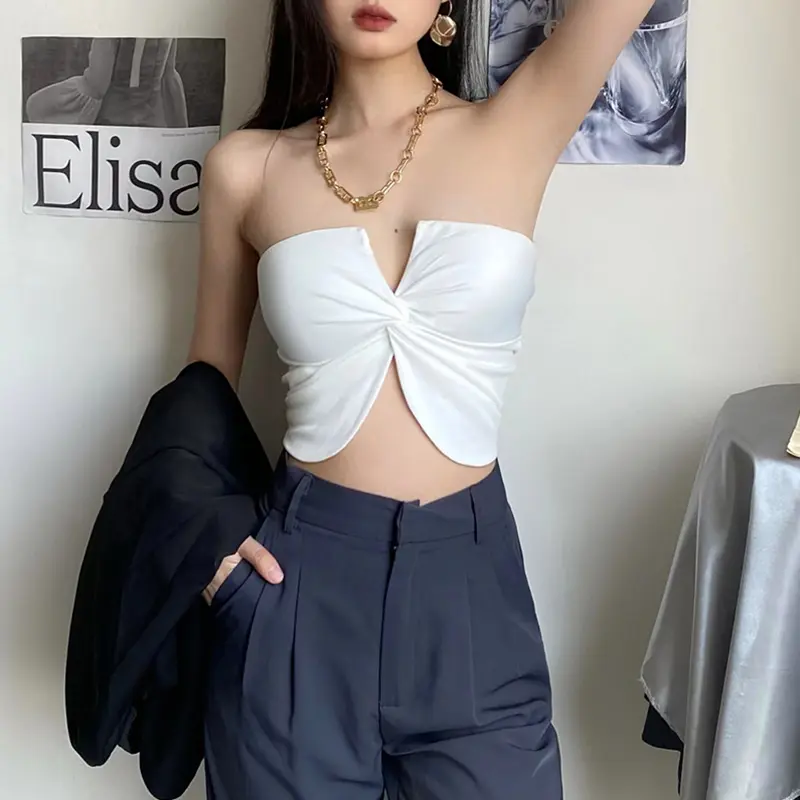 Women Summer Tube Tops, Solid Color Strapless V Neck Twist Slit Hem Cropped TopsBackless Vest Clubwear Polyester Womenswear