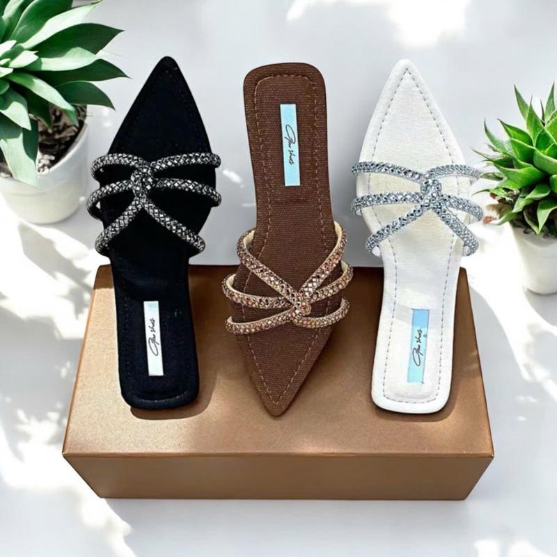 Dép nữ quai ngang đính đá 3 dây xoắn mũi nhọn đế bệt sang trọng dép kiểu nữ đẹp DéP Shoes giay dep
