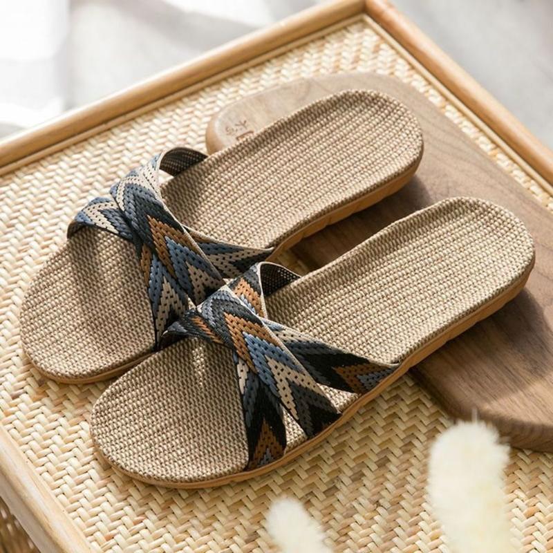 Product Introduction of Fashion Ethnic Style Linen Slippers Non-Slip Stripe Indoor Slippers Sweat Absorption Soft Flat Slippers Bedroom 19