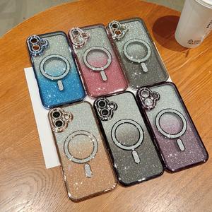 เคส iPhone, ฟิล์มเลนส์แม่เหล็กขอบเพชรไฟฟ้า + กระดาษกลิตเตอร์ไล่โทนสี, เข้ากันได้กับ iPhone 13 Pro Max, 15 Pro Max, 14 Pro Max, และ 16 Pro Max, ฝาครอบป้องกัน, กันกระแทก