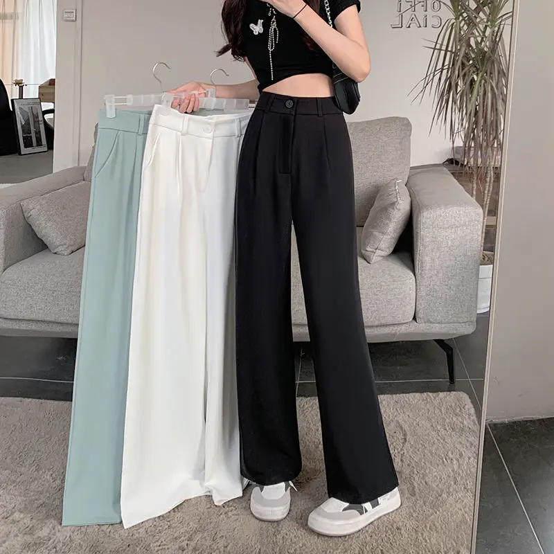 Plus Size Women's Plump Girls Black Suit Pants High Waist Drooping Casual Pants Loose Straight Mop Pants Fashion Clothing Fit Trouser Bottom Comfortable Light Pocket Satin Lingerie Lady Clothe Basic Minimalist Womenswear Accessory Spandex Polyester