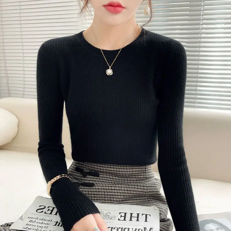 Áo Len Dài Tay Giữ Nhiệt, Dành Cho Nữ, Màu Trơn Cổ Tròn, Dáng Ôm, Áo Sơ Mi Dệt Kim Co Giãn Voi Women 4