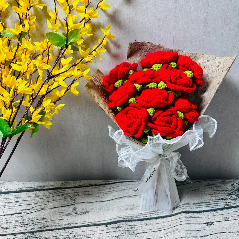 Crochet Rose Bouquet, 1 Count Artificial Flower Bouquet, Decorative Flower for Home Living Room Bedroom Dining Room Wedding Party, New Year Gift, Valentine's Day Gift 0