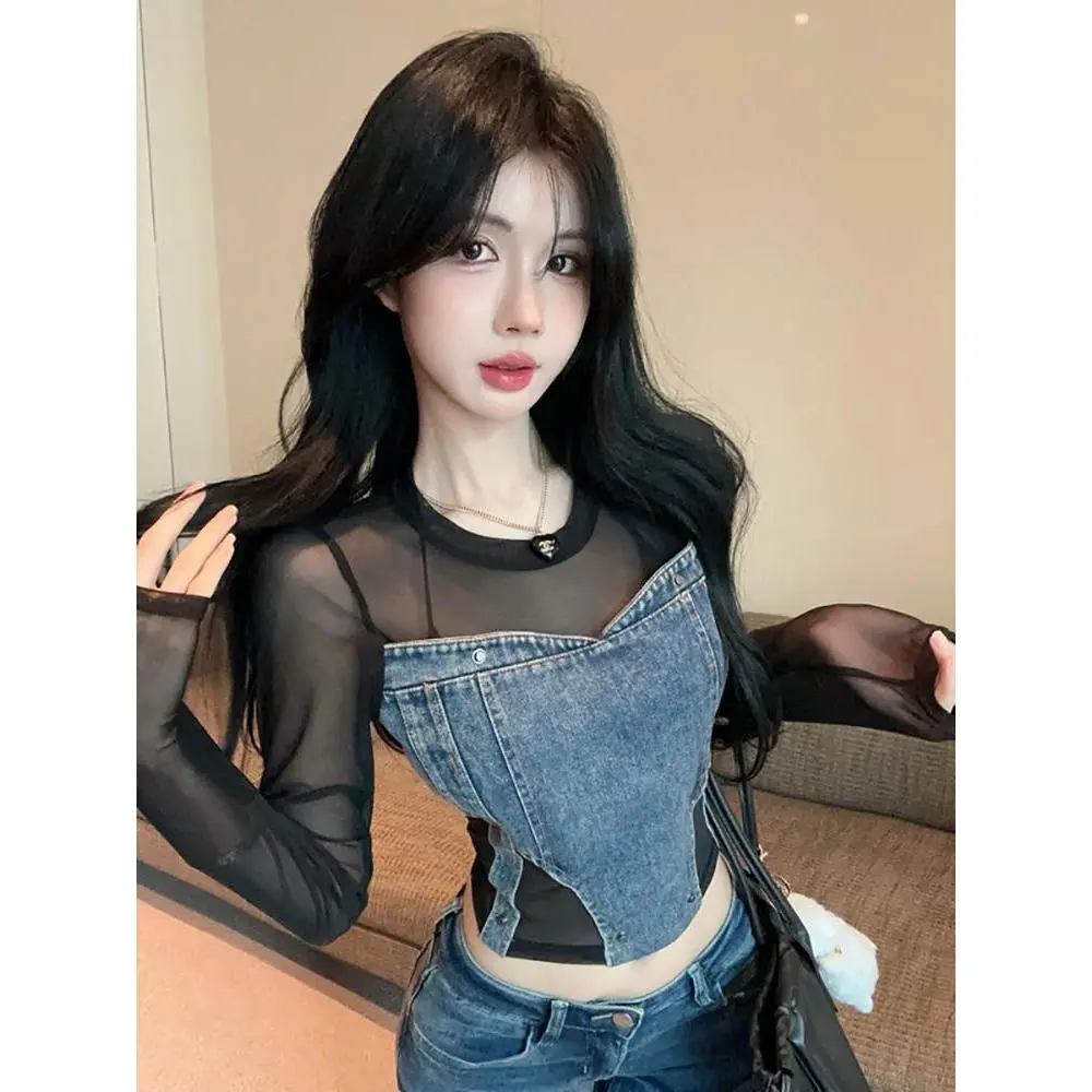 Áo Thun Dài Tay Giả Hai Lớp, Chất Liệu Denim, Thiết Kế Cô Gái Nóng Bỏng Ngọt Ngào, Áo Xương Cá Ngắn, Có Lớp Nền Lưới, Có Thể Mặc Bên Trong, Bộ Sưu Tập Đầu Thu 2024