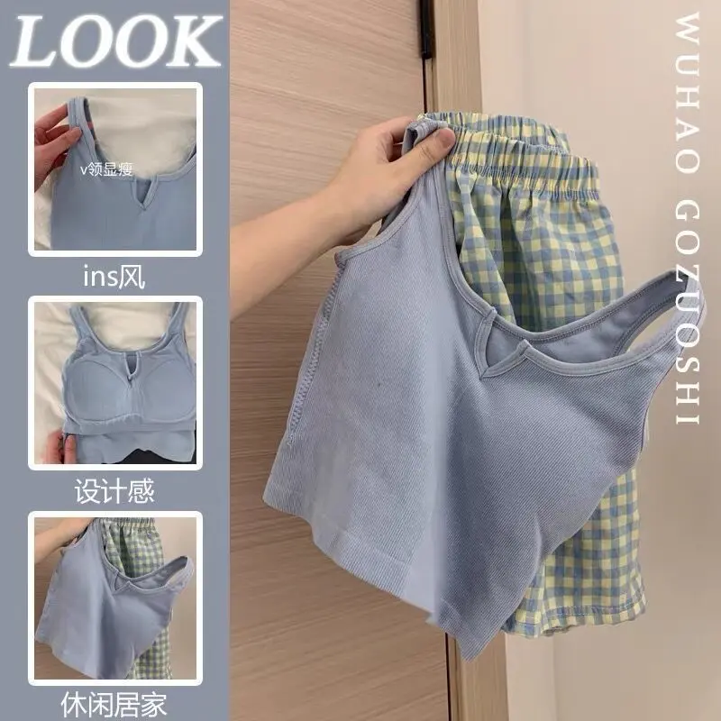 Đồ Ngủ Hai Dây Đệm Ngực Không Đường May, Bộ Sưu Tập Mùa Hè 2024, Áo Vest Thể Thao Nữ, Quần Đùi Hoa Ngọt Ngào Có Thể Mặc Làm Áo Mặc Bên Ngoài, Bộ Đồ Mặc Nhà 0