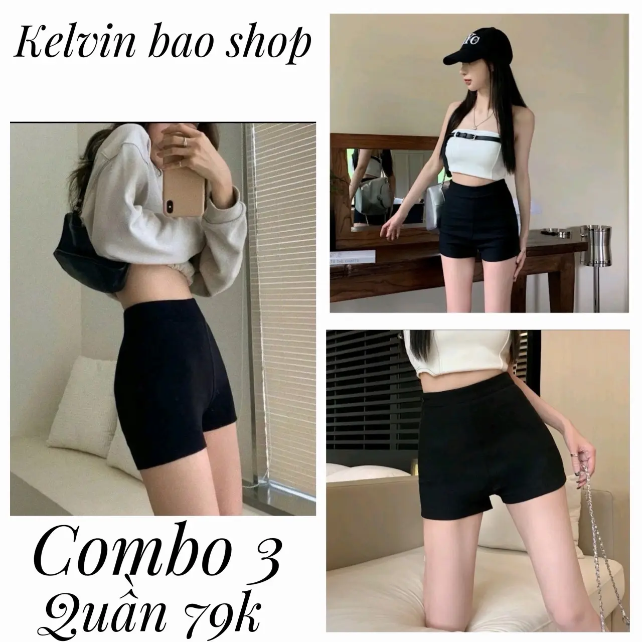 Combo 3 quần đùi legging thun nữa lưng cao ôm gọn đen nhung women voi pants quần k có túi
