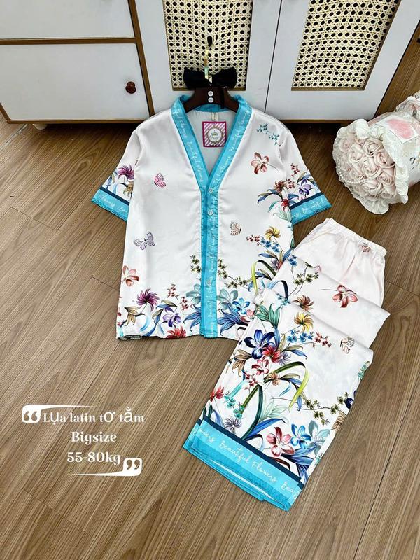 Size 60-75KG- Bigsize Bộ Lụa Latin Tơ Tằm Cổ Tim Tay Ngắn Quần Dài In 5D TNQD Mềm Mát Mặc Nhà Cao Cấp Women Nữ 5