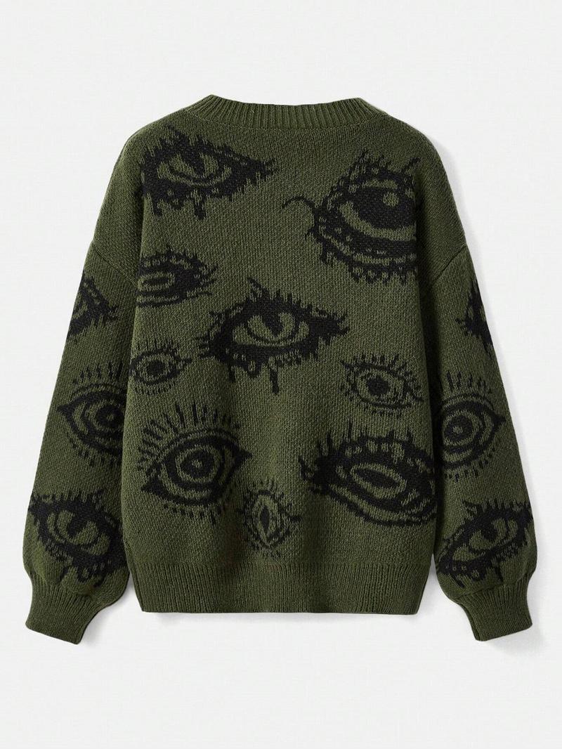 Product Introduction of Men's All Over Eye Print Drop Shoulder Sweater Pullover, Regular Fit Casual Long Sleeve Round Neck Jumper for Fall & Winter, Fashion Men's Knitwear for Daily Wear 7