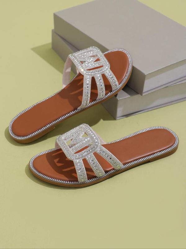 Women's Fashion Rhinestone Decorated Letter Decorated Slip on Flat Sandals, Casual Hollow Out Design Sandals for Summer, All-match Commuter Shoes for Work & Daily Wear 2
