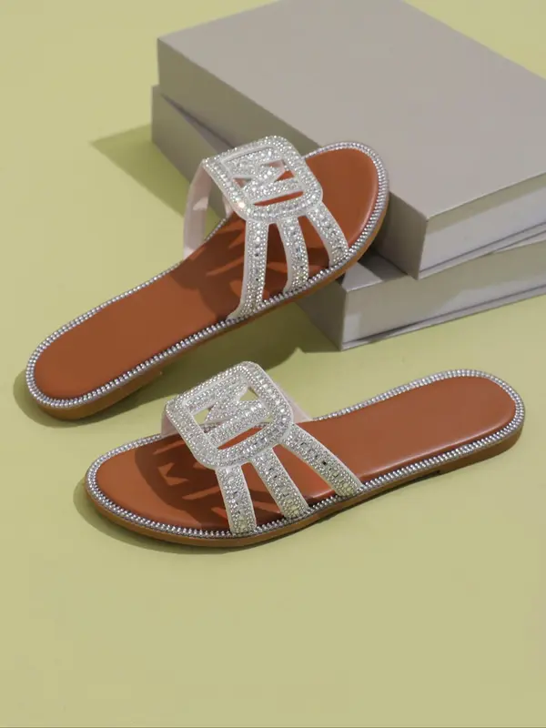 Women's Fashion Rhinestone Decorated Letter Decorated Slip on Flat Sandals, Casual Hollow Out Design Sandals for Summer, All-match Commuter Shoes for Work & Daily Wear 2