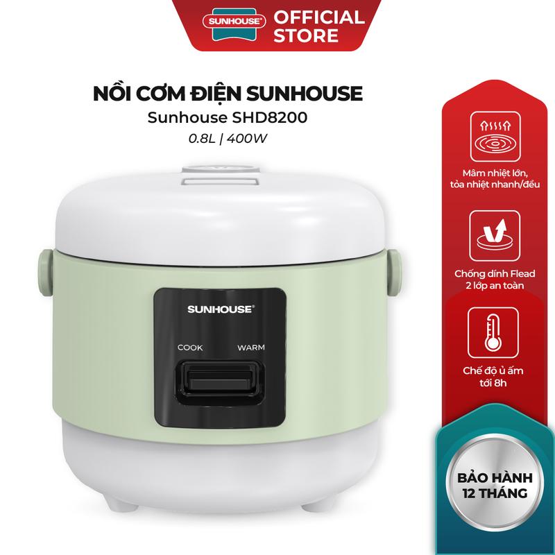 Nồi cơm điện 0.8L Sunhouse SHD8200 - Giữ ấm tới 8 tiếng - Mâm nhiệt lớn, công suất 400W - Chống dính 2 lớp Flead an toàn