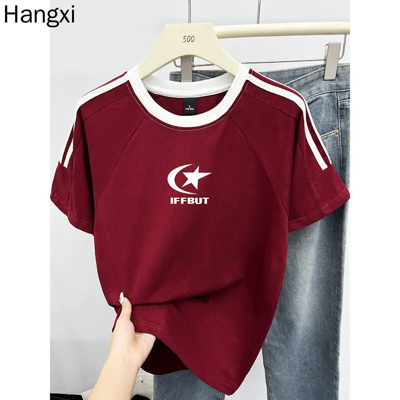 Áo Thun Cotton Nguyên Chất, Hangxi, Dáng Rộng, In Họa Tiết Cá Tính, Ba Sọc Ngắn Tay, Thích Hợp Cho Mùa Hè