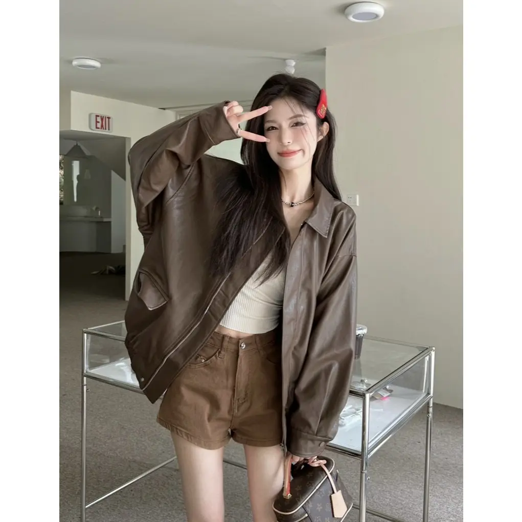 RICH-THEY Girls 'retro Ngắn Phong Cách Hàn Quốc Áo Khoác Da Dáng Rộng Đẹp Trai Áo Khoác Xe Máy | BigBuy360 - bigbuy360.vn