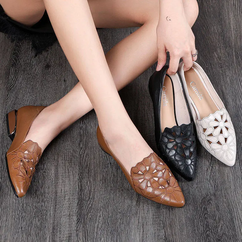 Kasut kulit lembut dengan sulaman berongga untuk wanita, loafers bertumit rendah bernafas, kasut kerja perniagaan, skirt, rakan kongsi, beratur, pesta, keluar, permukaan lembut, musim panas baharu 2023