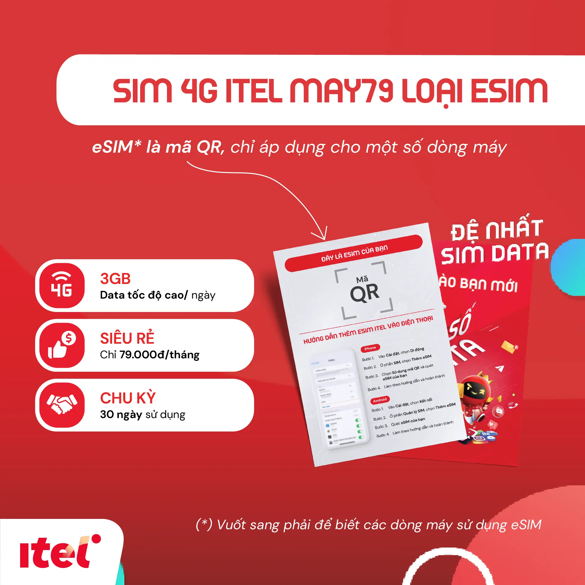 iTel - eSIM 4G - Gói MAY79 3GB/ngày - 90GB/tháng - Lưu ý eSIM là mã QR, không phải SIM vật lý