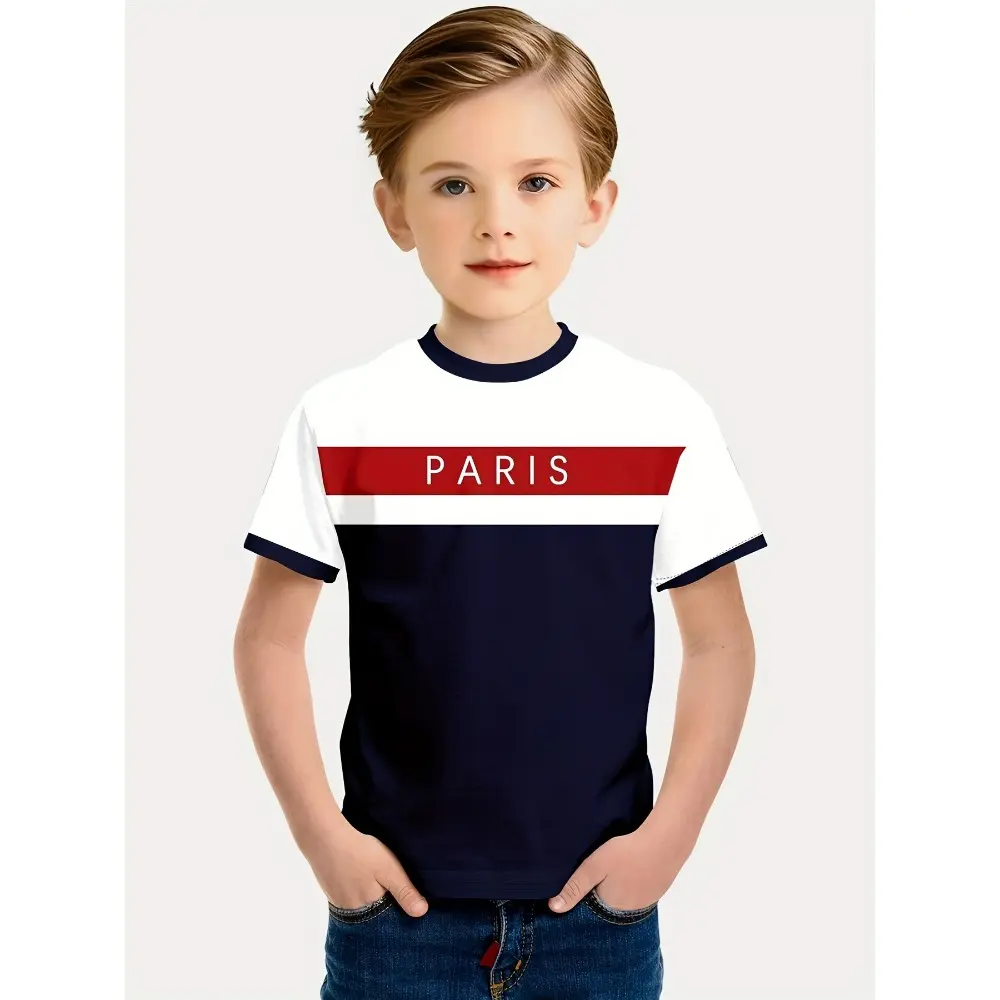 Paris Letter Print Crew Neck T-Shirt for Boys, Polyester Knit Fabric with Slight Stretch, Preppy Style, All-Over Graphic, Regular Fit, for Children 12 and Under, Spring/Summer/Fall Casual Sport Short Sleeve Top