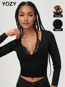 YOZY Women's Contrast Lace Halter Neck Ribbed Tee, Casual Long Sleeve T-shirt for Fall & Winter, Women's Clothing for Daily Wear