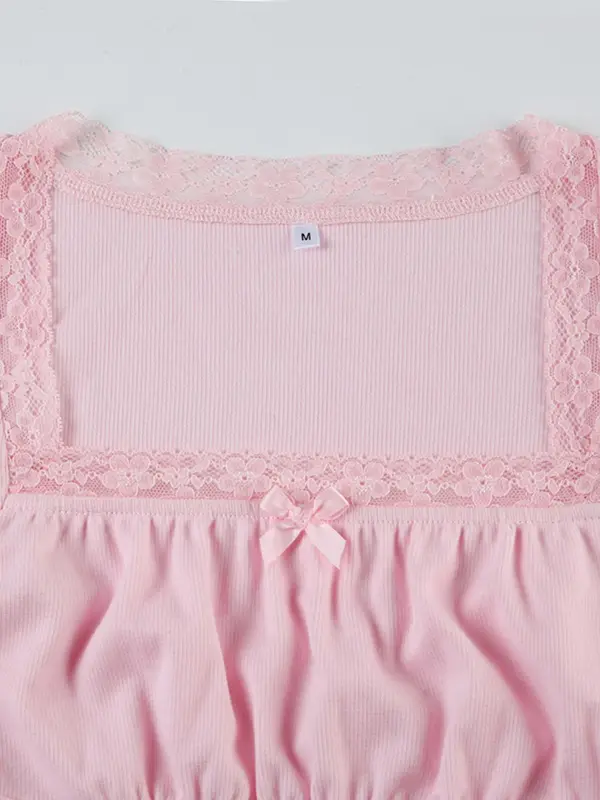 Women's Plain Contrast Lace Bow Decor Ruched Crop Tee, Sweet Square Neck Long Sleeve T-shirt for Daily Wear, Ladies Clothes for All Seasons 6