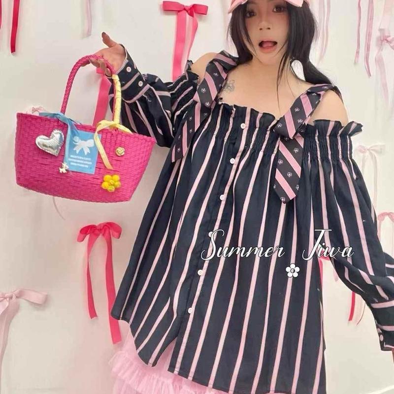 Áo Sơ mi trễ vai phối Nơ Caravat đỏ Jiwa Quảng Châu chính hãng Nữ Women