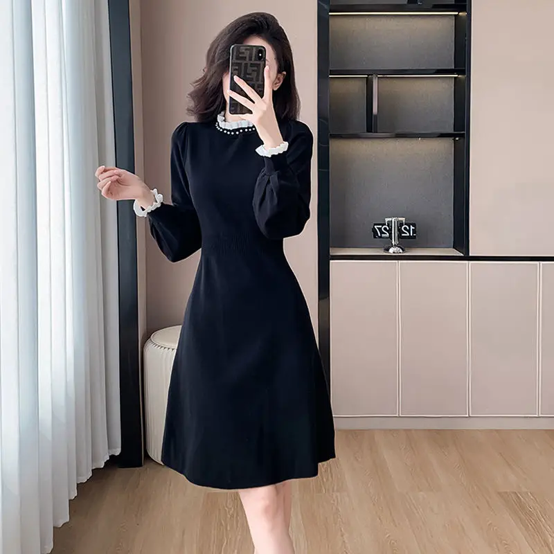 Váy Dệt Kim, Phong Cách Hepburn, Váy Đen Nhỏ Dành Cho Nữ, Thích Hợp Cho Mùa Thu Và Mùa Đông, Váy Len Mặc Trong Cao Cấp, Váy Len Mặc Trong Mỏng Women Dress Khuy Cổ Tròn 0