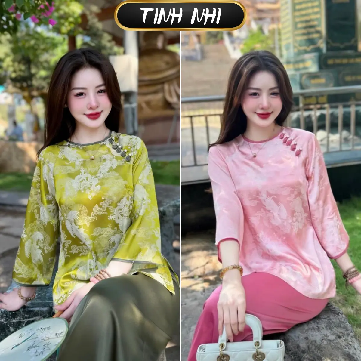 TINH NHI đồ lam cho nữ chất lụa gấm long phụng phối cúc ngọc cầu vai sang trọng trẻ trung PP104