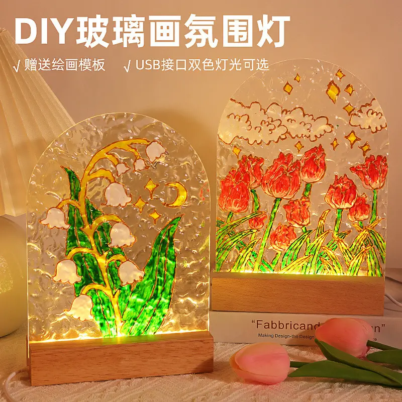 Đèn ngủ tự vẽ tranh thủy tinh hoa tulip kèm bộ dụng cụ vẽ tranh và bảng màu acrylic (có thể tự vẽ theo ý thích)