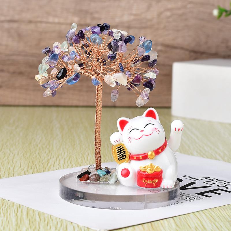 Product Introduction of Mèo Tài Lộc, Đu Đưa Năng Lượng Mặt Trời, Đế Pachira Macrocarpa, Đá Cuội Pha Lê Tự Nhiên, Cây May Mắn, Đồ Trang Trí Dệt Tay 0