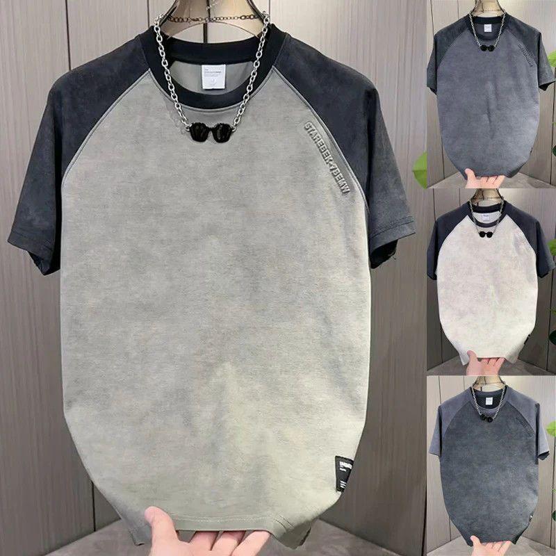 Áo Thun Nam ngắn Tay Chắp Vá Gradient Thường Ngày Mùa Hè, Thời Trang, Áo Chui Đầu Cổ Thuyền Thêu Chữ, Quần Áo Nam, [VT], Bộ Sưu Tập 2025