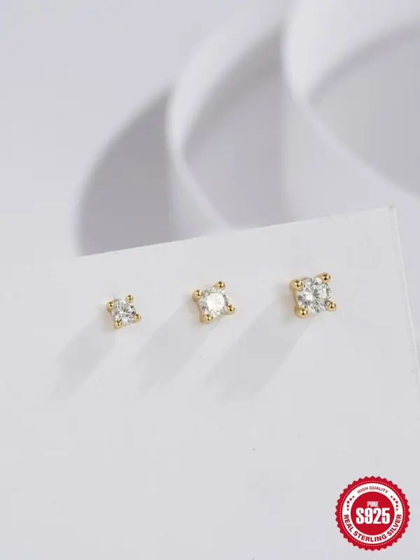 925 Sterling Silver Rhinestone Decorated Stud Earrings, 3 Counts Fashion Temperament Earrings for Women & Men, Trendy All-match & Exquisite Jewelry for Birthday Gift 0