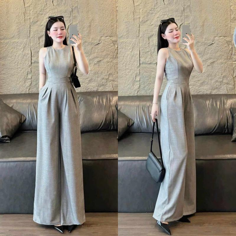 Jumpsuit Nữ Dáng Dài Ống Rộng Không Tay Chất Vải Đủi Sịn Sò Women Xám