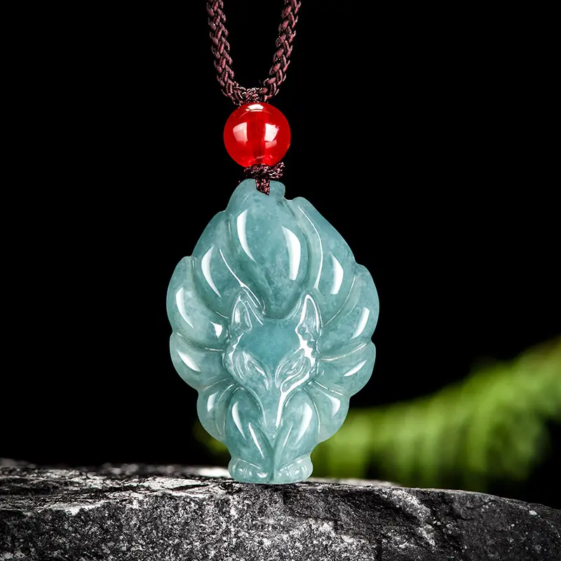 Genuine natural A goods, jadeite blue water fox fairy nine-tailed fox pendant, glutinous seed jade pendant, flower pieces, women's wholesale.