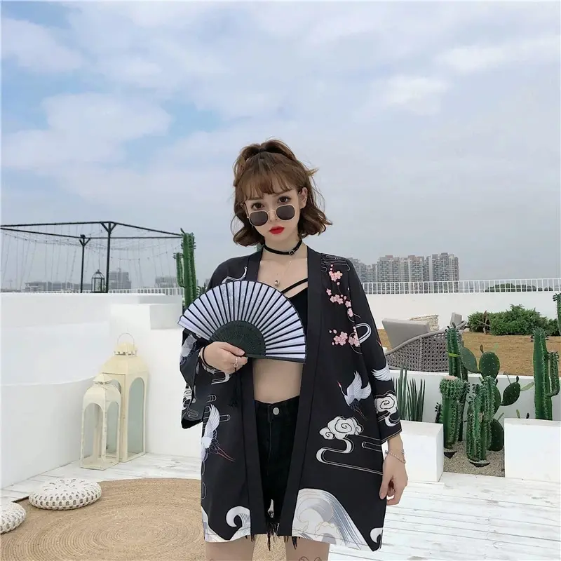 Chinese Style Retro Modified Tang Costume Literary Fairy Crane Sunscreen Clothing Loose Feather Weaving Three-Quarter Sleeve Cardigan Kimono Women