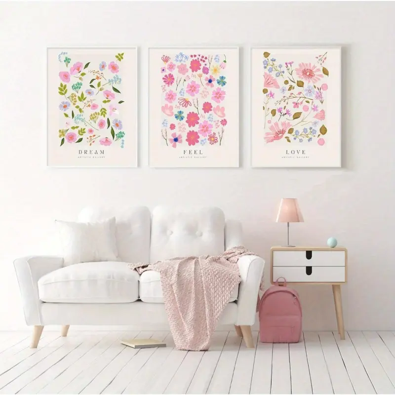 Flower Pattern Canvas Painting without Frame, 3 Counts/set Modern Botanical Themed Art Canvas Painting, Wall Art for Home Living Room Bedroom Decor 5