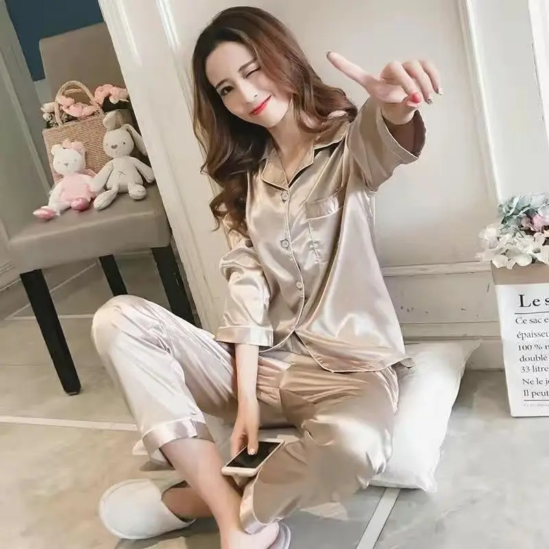 Đồ Ngủ Nữ, Mùa Mùa Xuân Và Mùa Thu, Dài Tay, Thích Hợp Cho Học Sinh, Chất Liệu Lụa Lạnh Dáng Rộng Vừa Vặn, Cỡ Lớn, Bộ Đồ Mặc Nhà Mỏng Cao Cấp Cho Nữ Mùa Hè 5