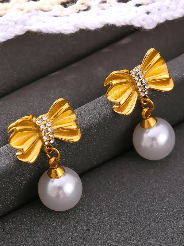 Faux Pearl & Rhinestone Decor Bow Design Dangle Earrings, Elegant Vintage Jewelry for Women, Trendy All-match & Exquisite Jewelry for Birthday Gift 0